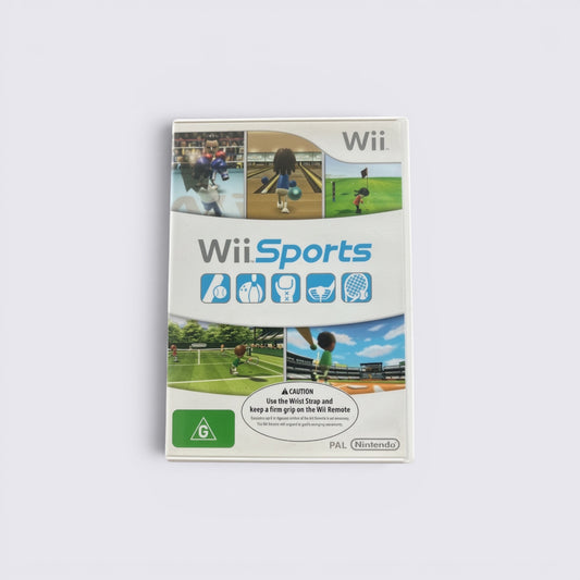 MrPixel Wii Sports game case featuring Mii characters playing tennis, bowling, and boxing on a white background.