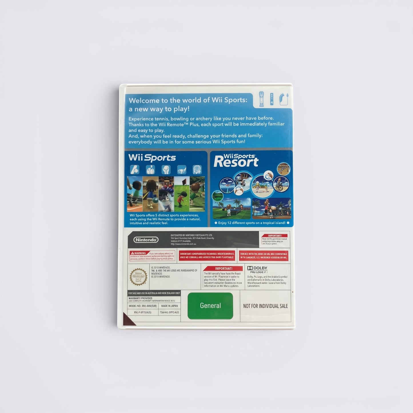 MrPixel Wii Sports and Wii Sports Resort game case back cover showing game descriptions and features