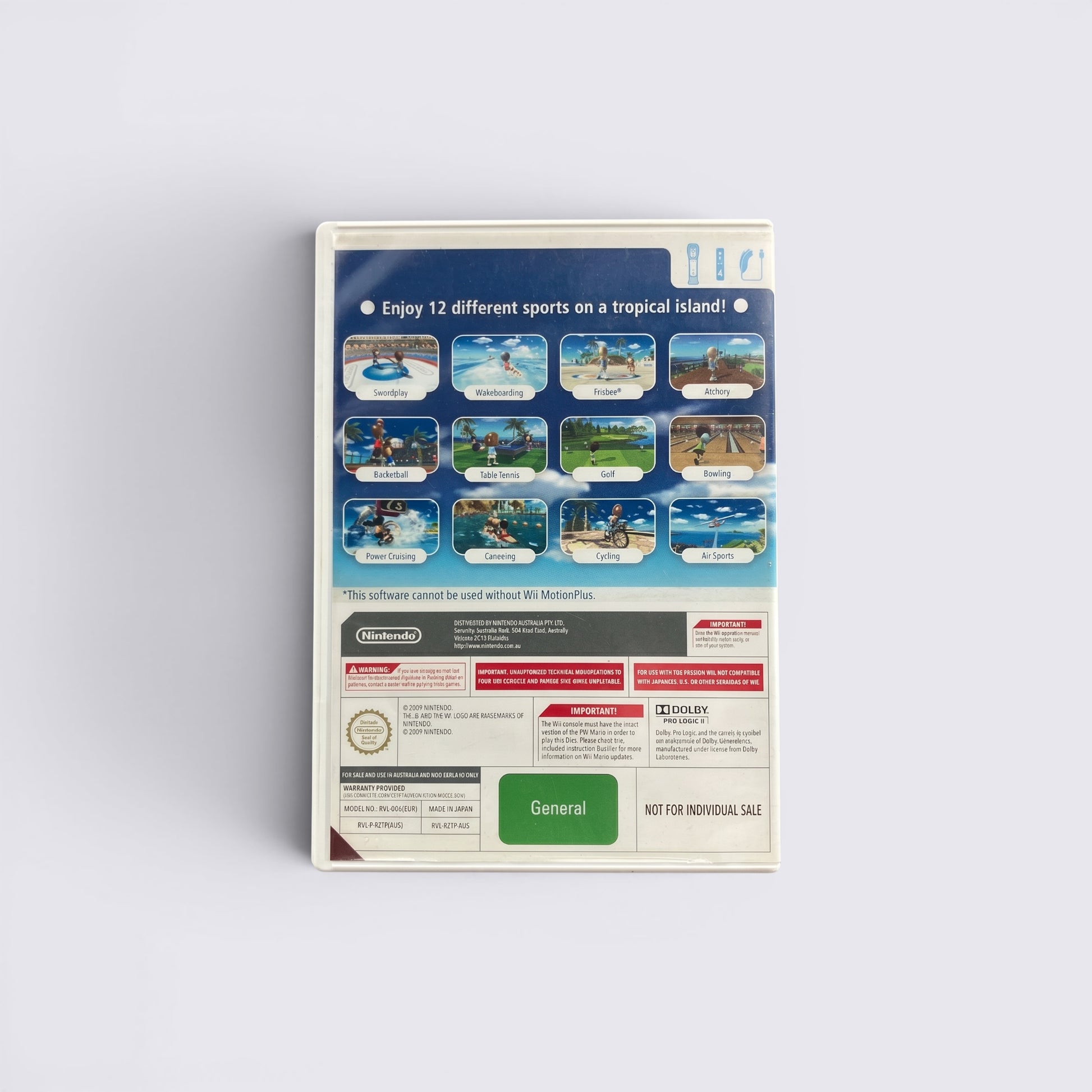 MrPixel Wii Sports Resort game case back cover showing twelve tropical island sports and motion control details.