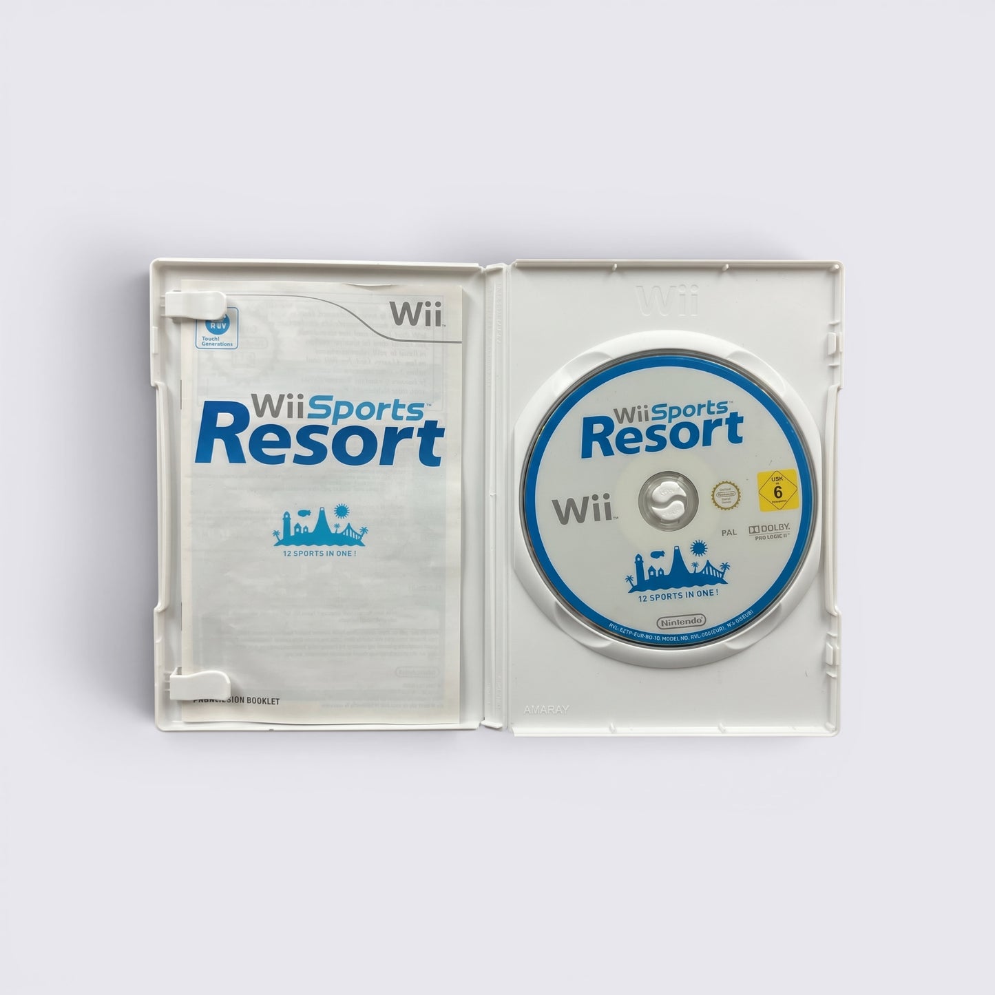 MrPixel Wii Sports Resort game disc and instruction manual inside a white plastic Wii case