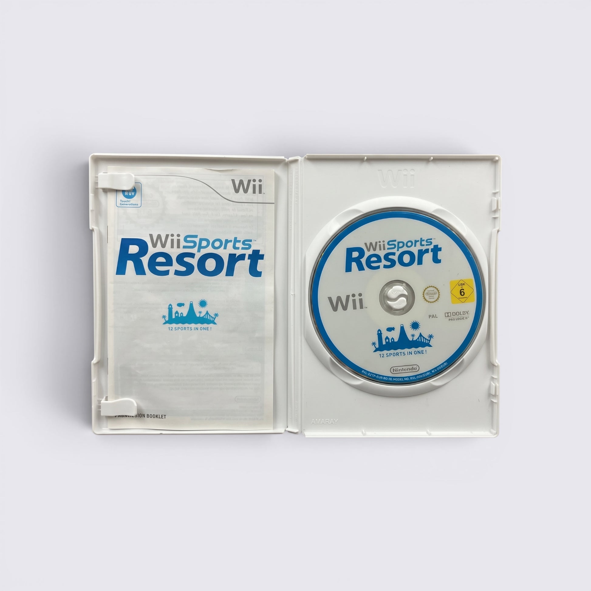 MrPixel Wii Sports Resort game disc and instruction manual inside a white plastic Wii case