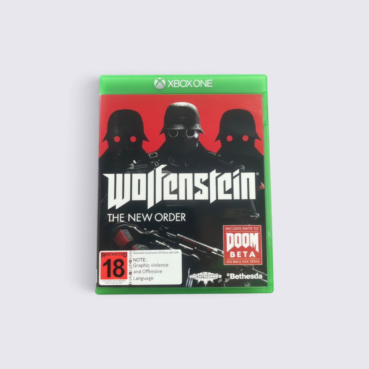 MrPixel Wolfenstein: The New Order Xbox One game case featuring a red background with silhouetted soldiers.