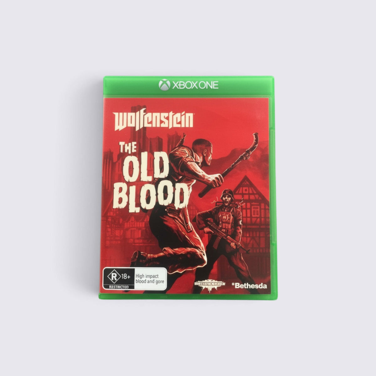 MrPixel Wolfenstein: The Old Blood Xbox One game case featuring B.J. Blazkowicz in a red-toned action illustration.