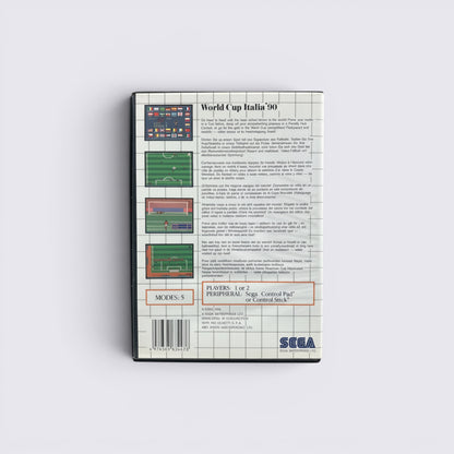 MrPixel World Cup Italia 90 Sega Genesis game box back cover featuring gameplay screenshots and product details.