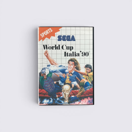 MrPixel World Cup Italia 90 Sega video game box art featuring classic football action and tournament trophy