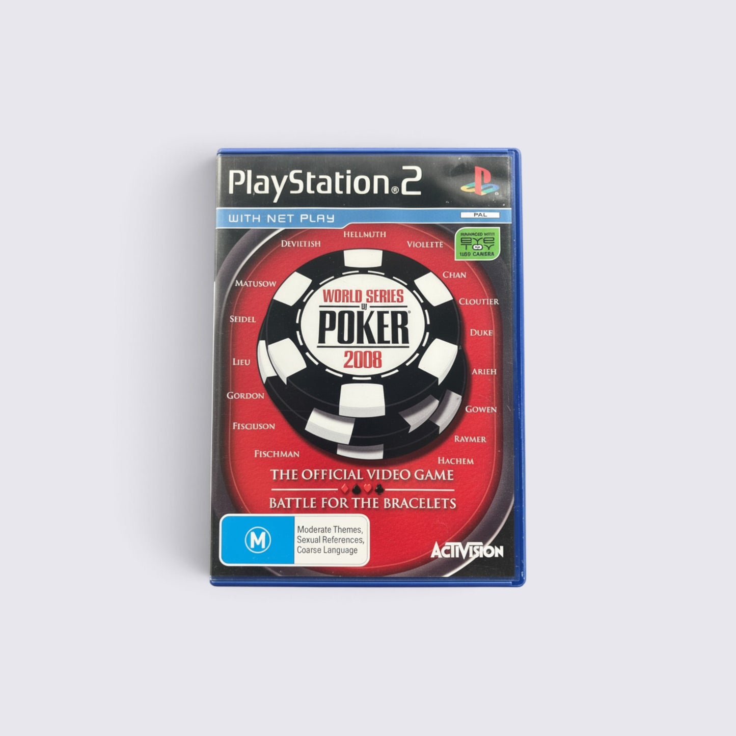 MrPixel World Series of Poker 2008 PlayStation 2 game case featuring a poker chip graphic and professional player names