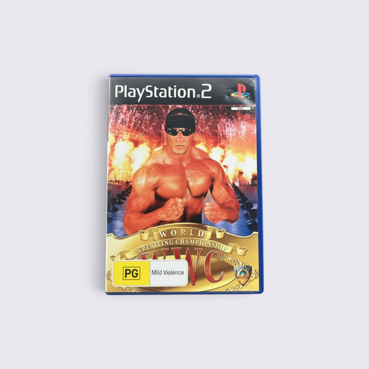 MrPixel World Wrestling Championship PS2 game case featuring a muscular wrestler in a ring with fiery background
