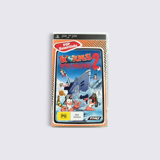 MrPixel Worms Open Warfare 2 PSP Essentials game case featuring cartoon worms in a snowy battlefield scene