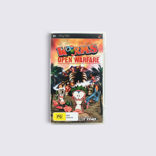 MrPixel Worms: Open Warfare PSP game case featuring cartoon worms in a tropical setting with explosive combat art.