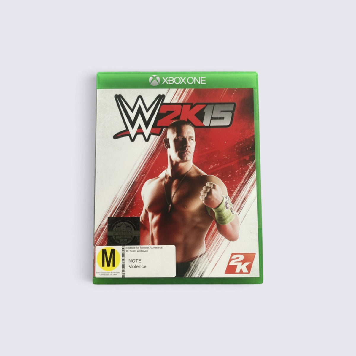 MrPixel WWE 2K15 Xbox One game case featuring John Cena on the cover with red background and M rating label