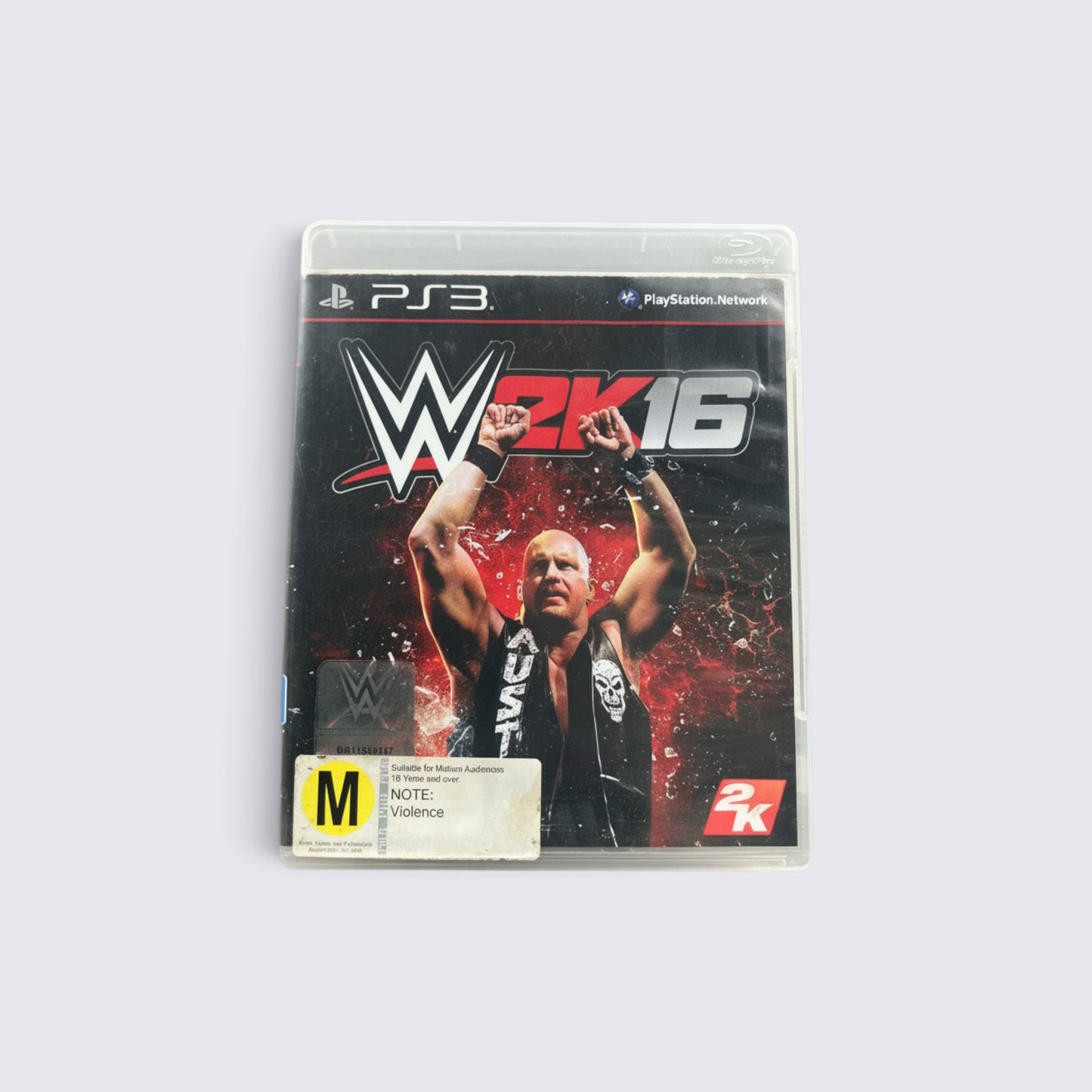 MrPixel WWE 2K16 PlayStation 3 game case featuring Stone Cold Steve Austin on the cover with M rating label