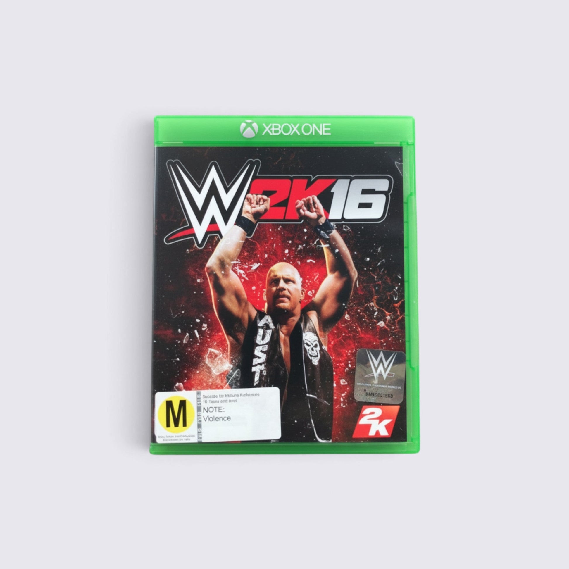 MrPixel WWE 2K16 video game for Xbox One featuring Stone Cold Steve Austin on the cover art