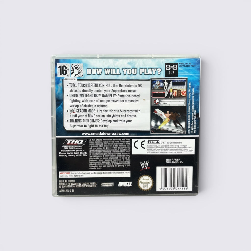 Back cover of MrPixel WWE Smackdown vs Raw 2008 Nintendo DS game case showing gameplay features and screenshots