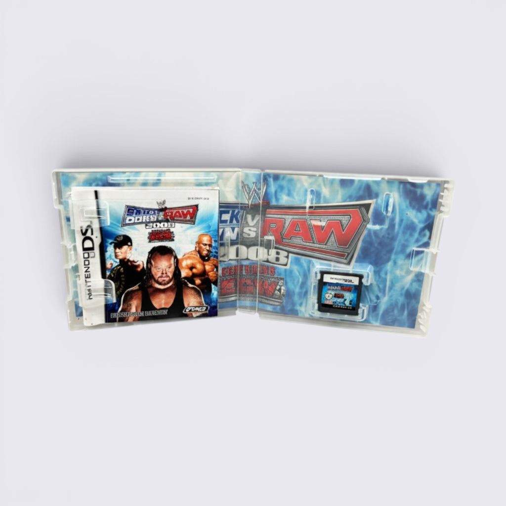 MrPixel WWE Smackdown vs Raw 2008 Nintendo DS game case open with manual and game cartridge inside