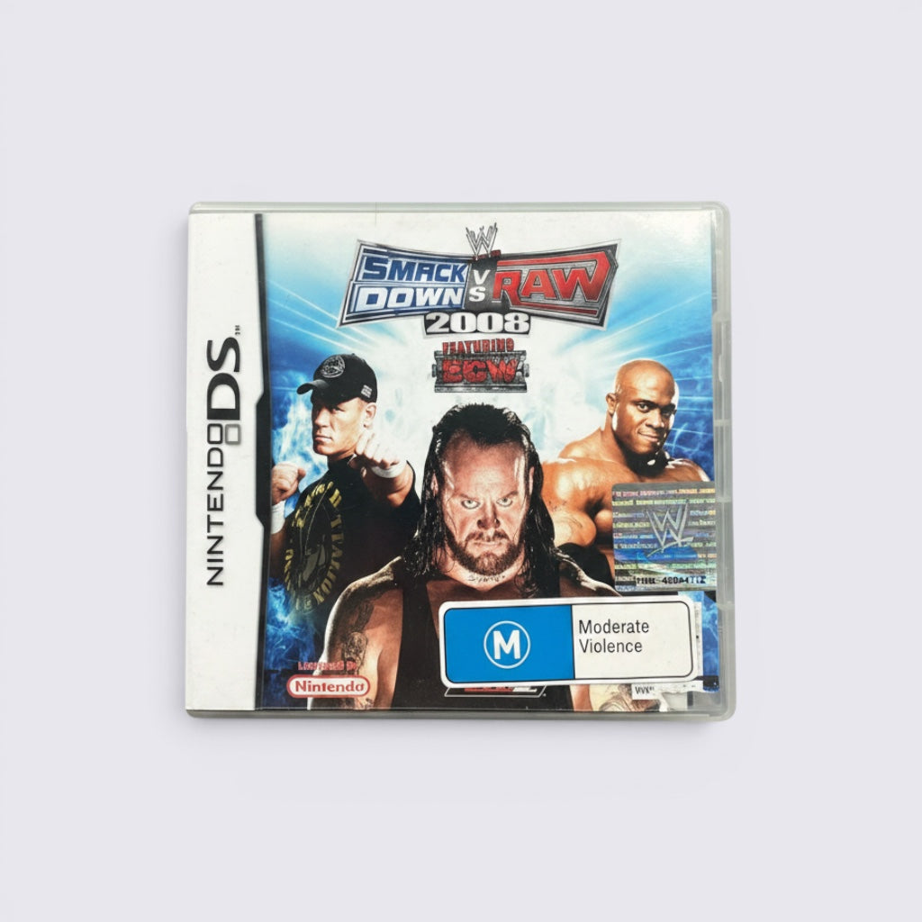 MrPixel WWE SmackDown vs. Raw 2008 Nintendo DS game case featuring John Cena, The Undertaker, and Bobby Lashley.