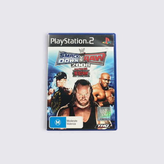 MrPixel WWE SmackDown! vs. Raw 2008 PlayStation 2 game case featuring John Cena, The Undertaker, and Bobby Lashley.