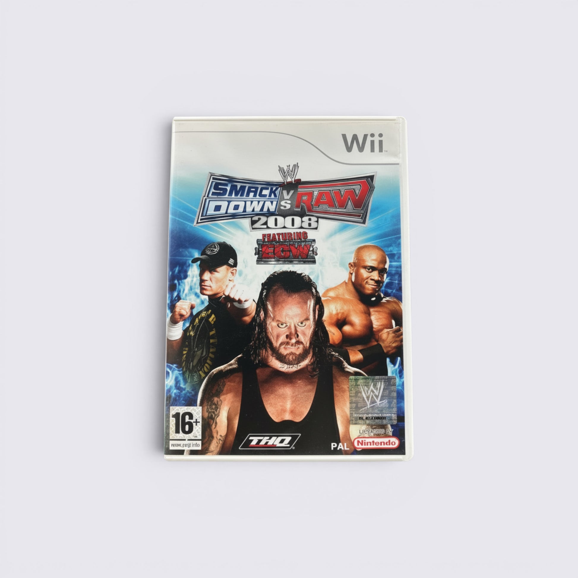 MrPixel WWE SmackDown vs. Raw 2008 Wii game case featuring John Cena, The Undertaker, and Bobby Lashley.