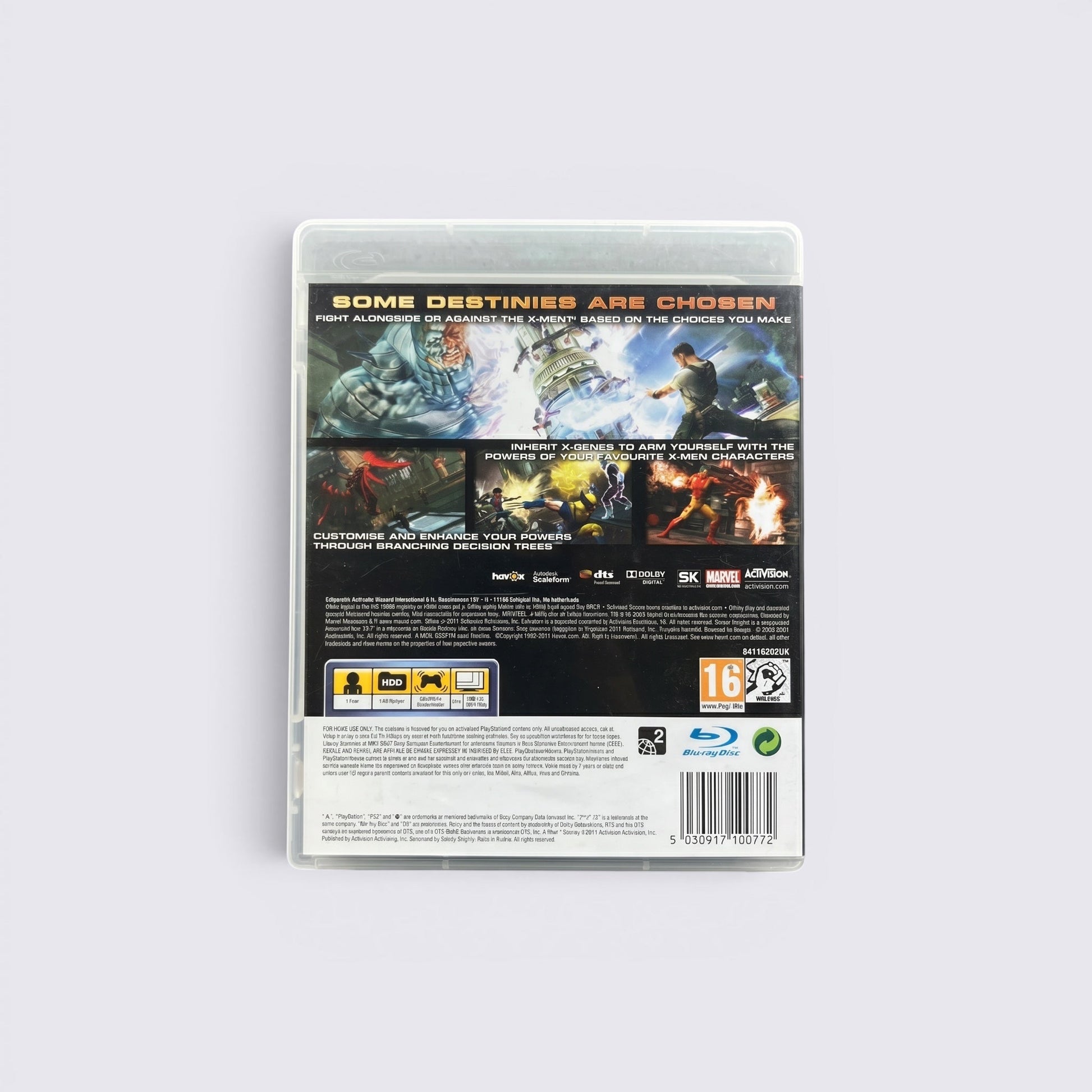 MrPixel X-Men Destiny PlayStation 3 game case back cover featuring game details, screenshots, and rating information.