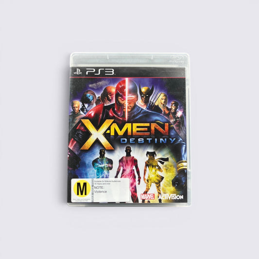 MrPixel X-Men Destiny PS3 game case featuring Wolverine, Magneto, and other mutants on the cover art.