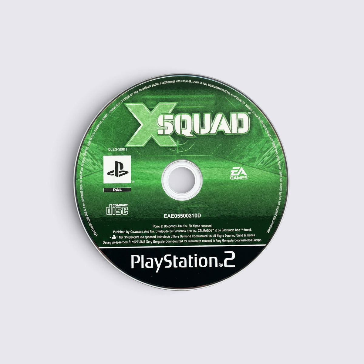 MrPixel X-Squad PlayStation 2 game disc featuring green branding and official EA Games logo on a light background.