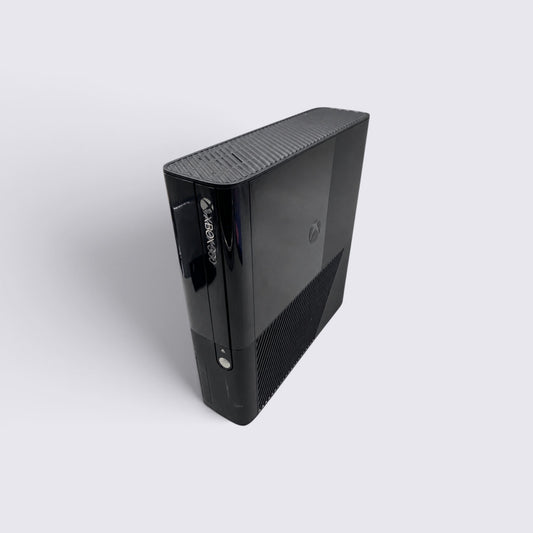MrPixel Xbox 360 E 250GB console in a sleek black finish, shown from a high-angle perspective.