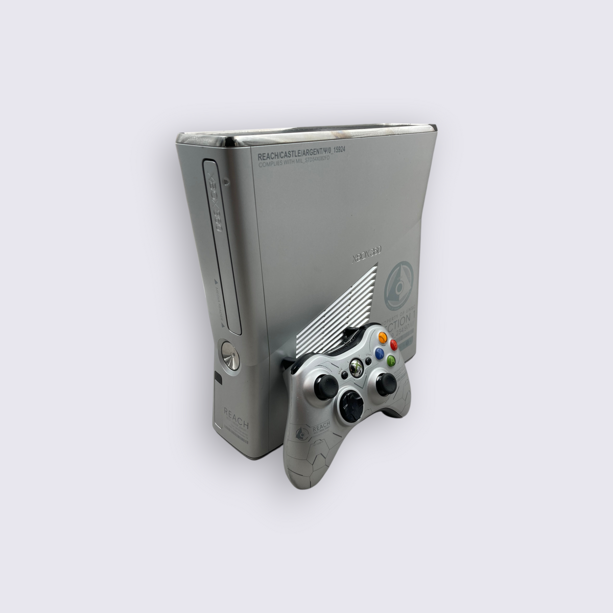 MrPixel limited edition silver Xbox 360 S Halo Reach console and matching wireless controller with custom graphics