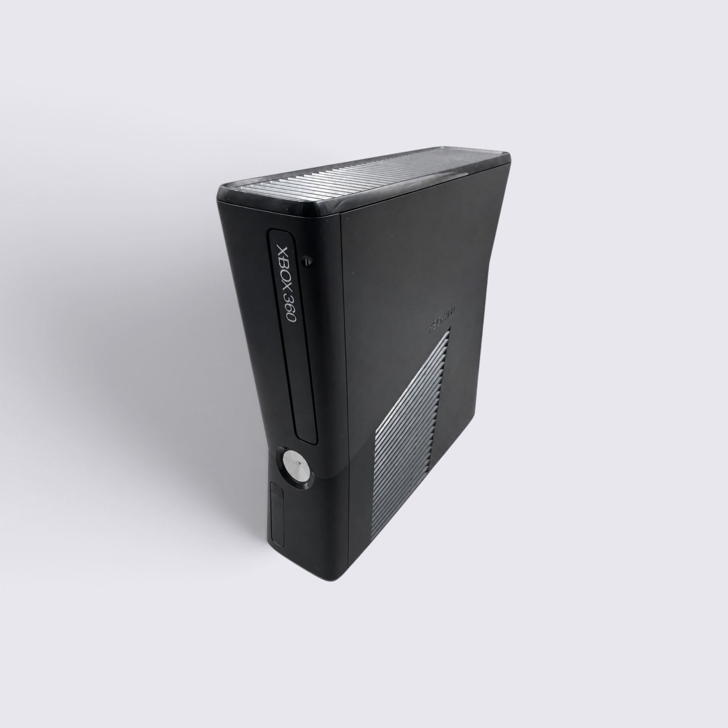 MrPixel Xbox 360 S 320GB console in a sleek matte black finish, shown from a high-angle perspective.