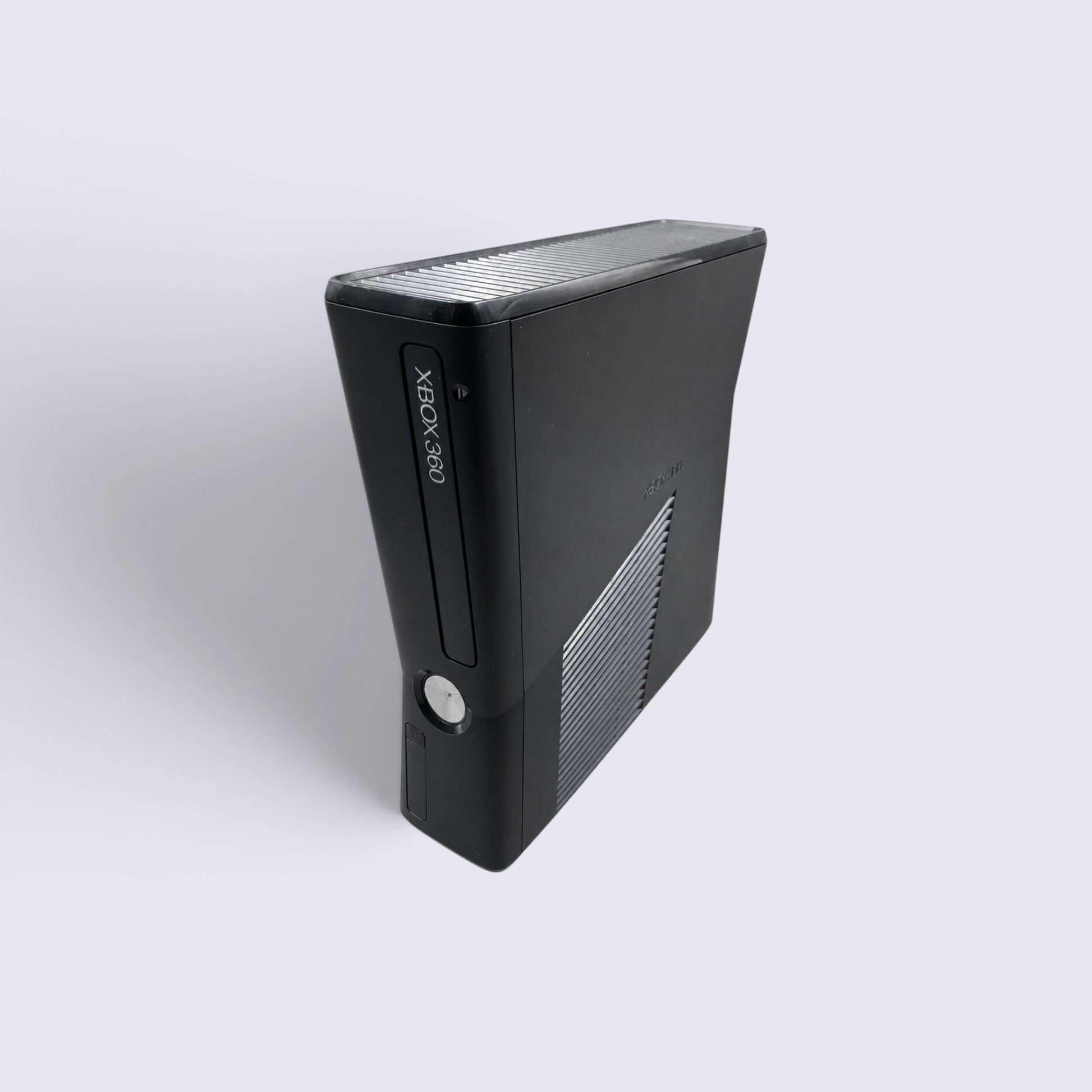 MrPixel Xbox 360 S 320GB console in a sleek matte black finish, shown from a high-angle perspective.