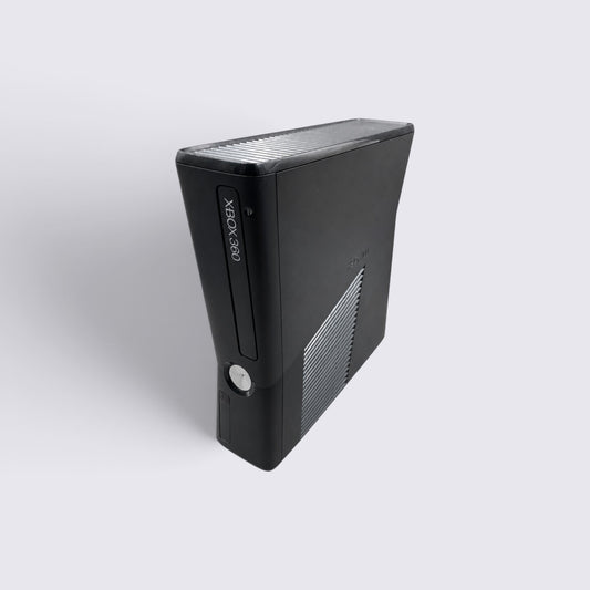 MrPixel Xbox 360 S 320GB console in a sleek matte black finish, shown from a high-angle perspective.