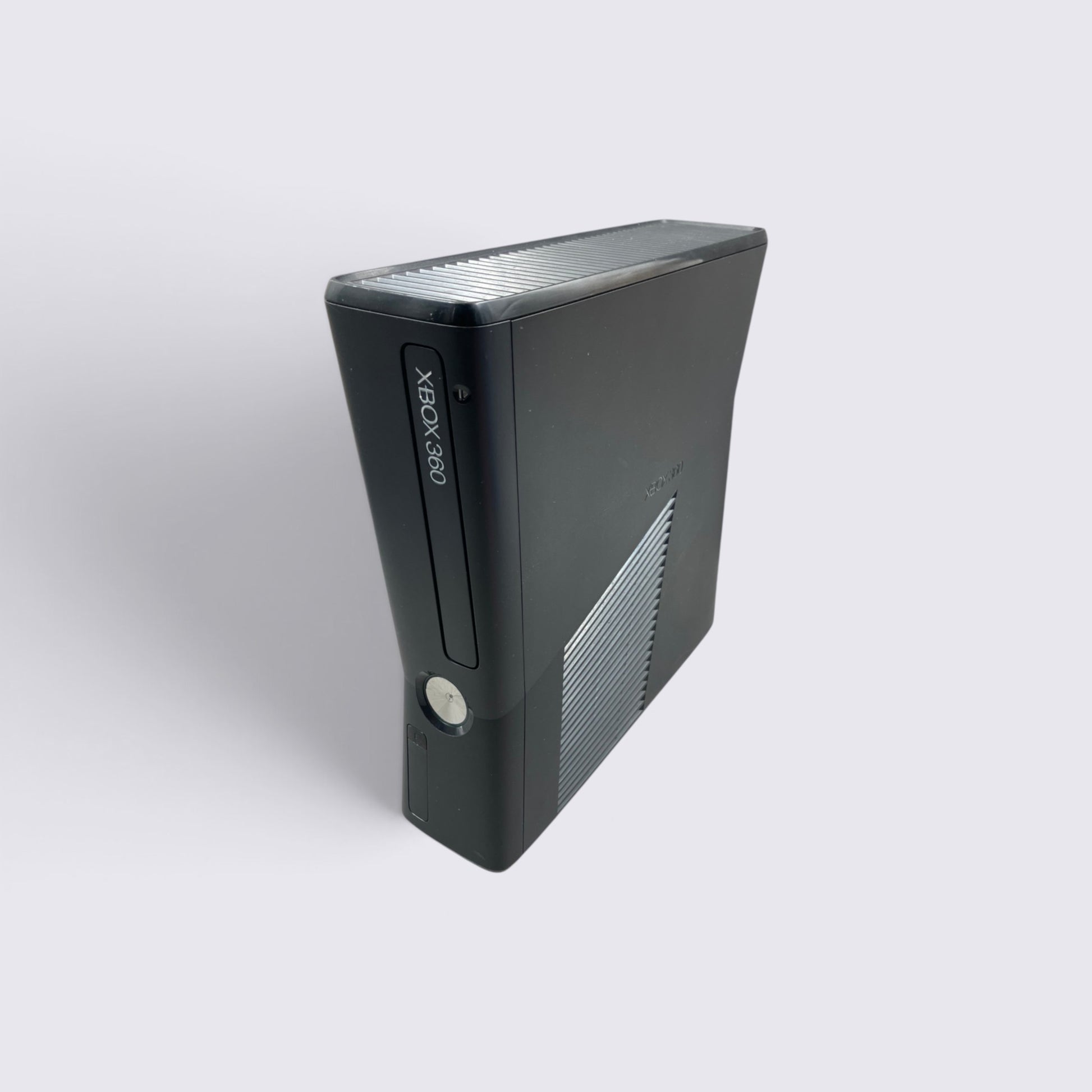 MrPixel Xbox 360 S console in matte black with a slim profile, shown from a high-angle perspective.