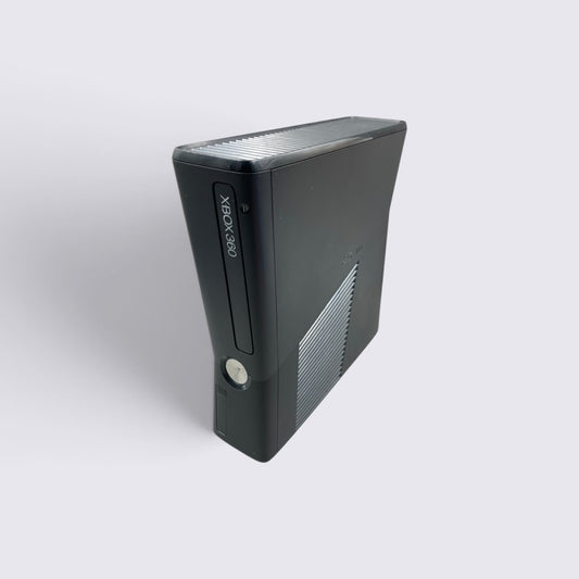 MrPixel Xbox 360 S console in matte black with a slim profile, shown from a high-angle perspective.