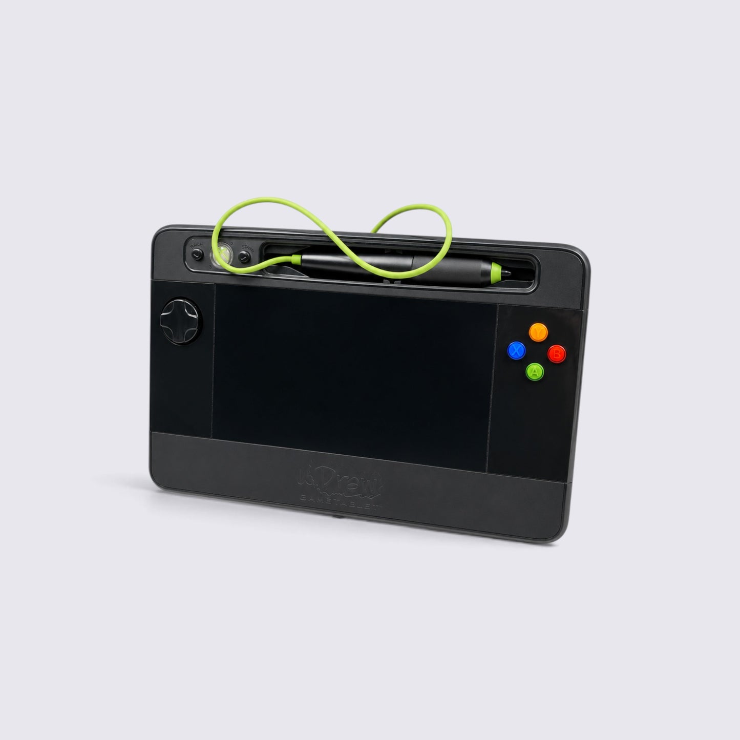 MrPixel Xbox 360 wireless uDraw GameTablet with black drawing surface, integrated stylus, and colorful action buttons.