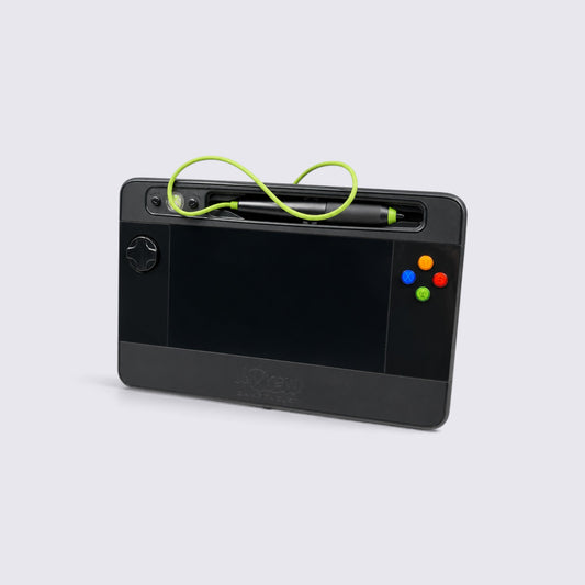 MrPixel Xbox 360 wireless uDraw GameTablet with black drawing surface, integrated stylus, and colorful action buttons.