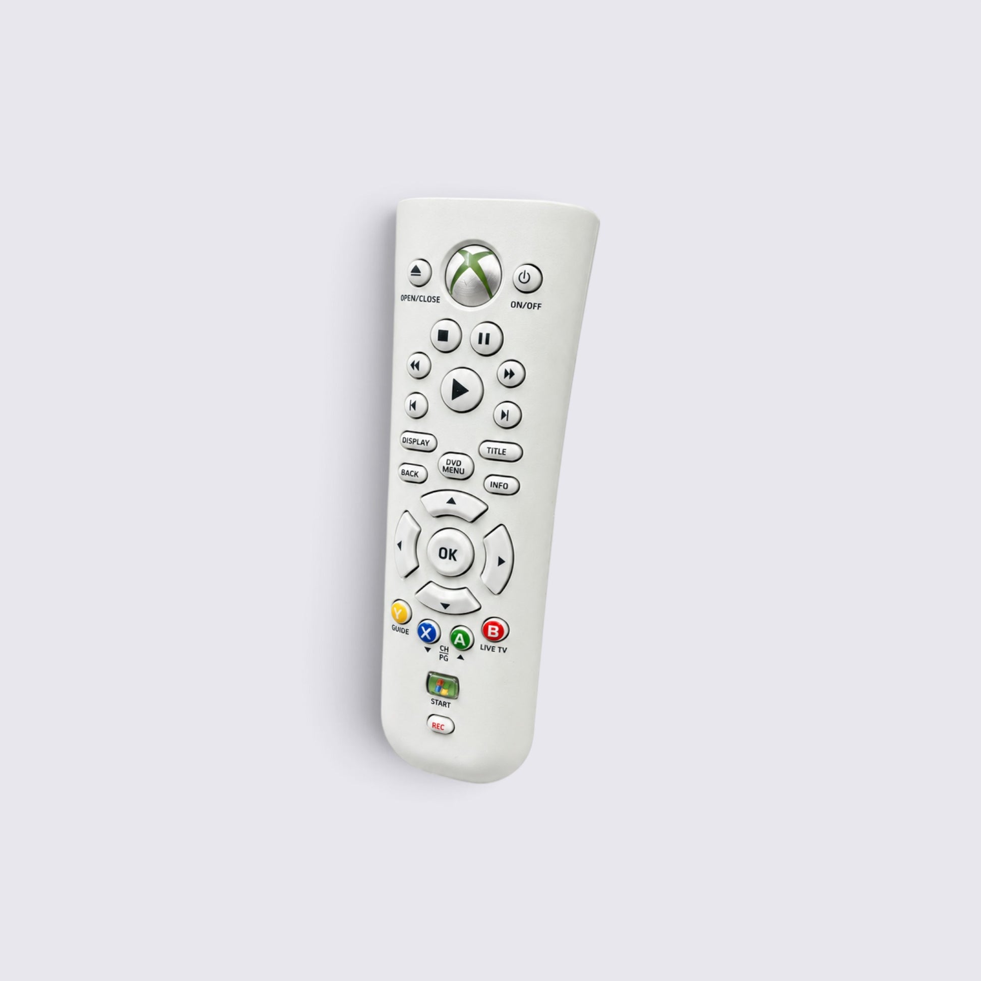 MrPixel white Xbox 360 wireless media remote with dedicated playback and navigation buttons for console entertainment
