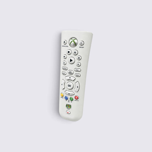 MrPixel white Xbox 360 wireless media remote with dedicated playback and navigation buttons for console entertainment