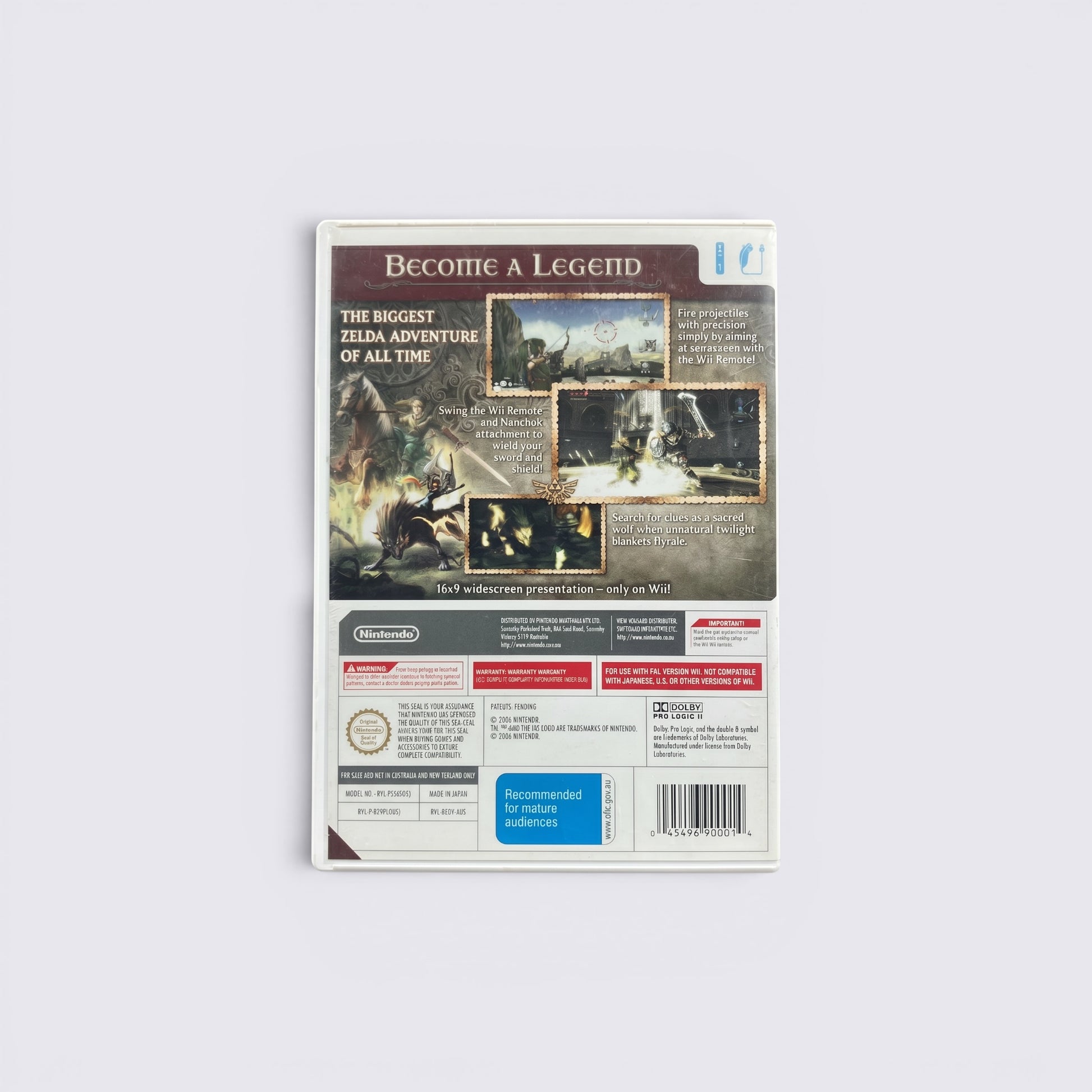 MrPixel The Legend of Zelda Twilight Princess Wii game back cover featuring gameplay screenshots and product details.