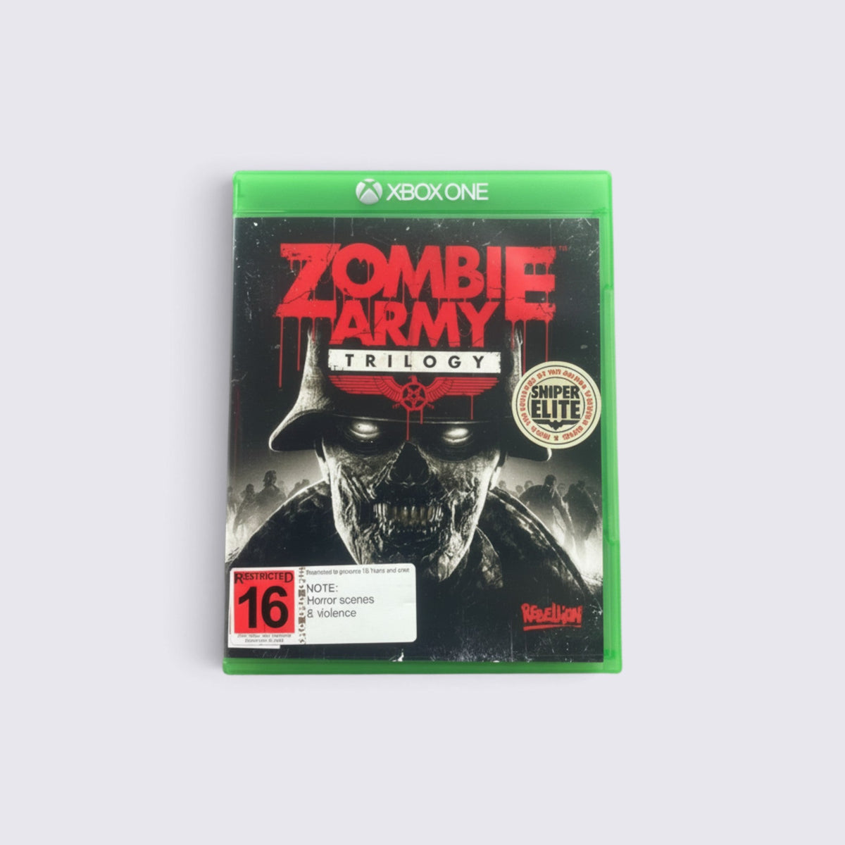 MrPixel Zombie Army Trilogy Xbox One game case featuring a menacing undead soldier in a dark World War II setting.