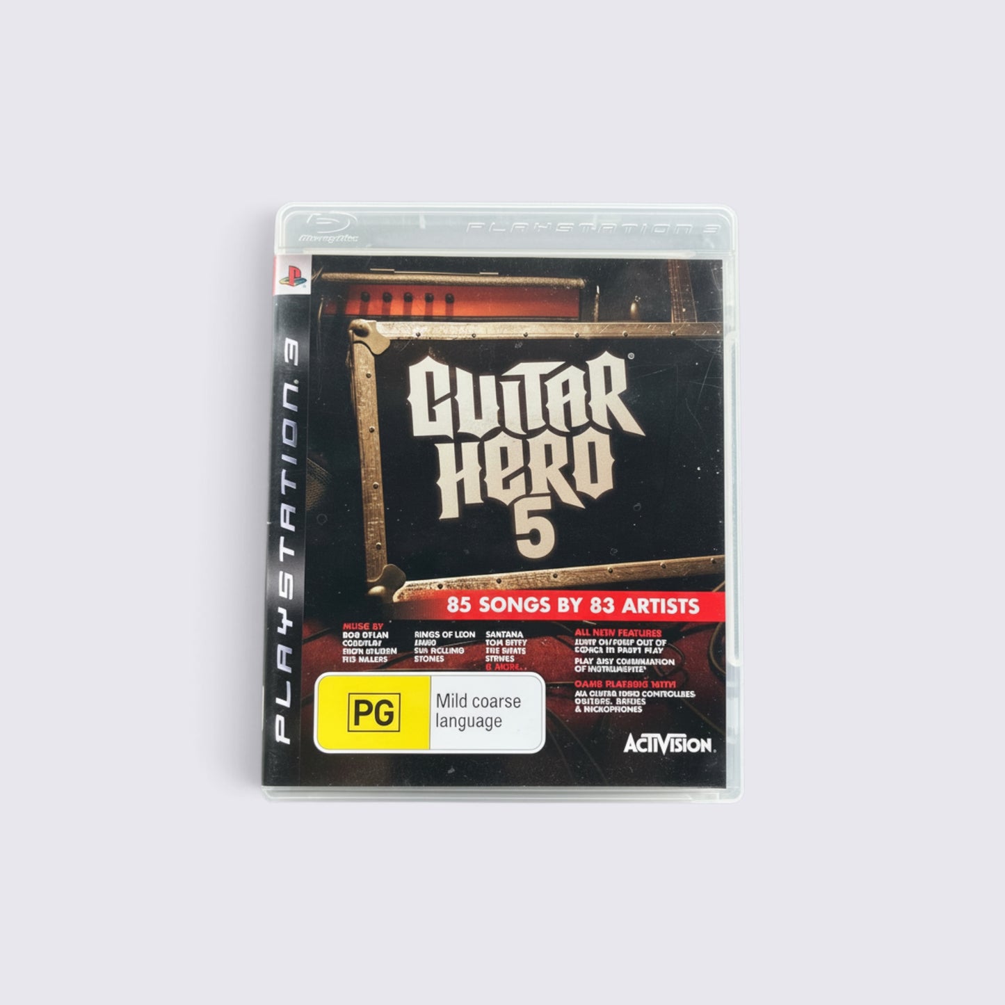 MrPixel Guitar Hero 5 rhythm game for PlayStation 3 featuring 85 songs and party play mode in original plastic case.
