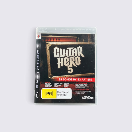 MrPixel Guitar Hero 5 rhythm game for PlayStation 3 featuring 85 songs and party play mode in original plastic case.
