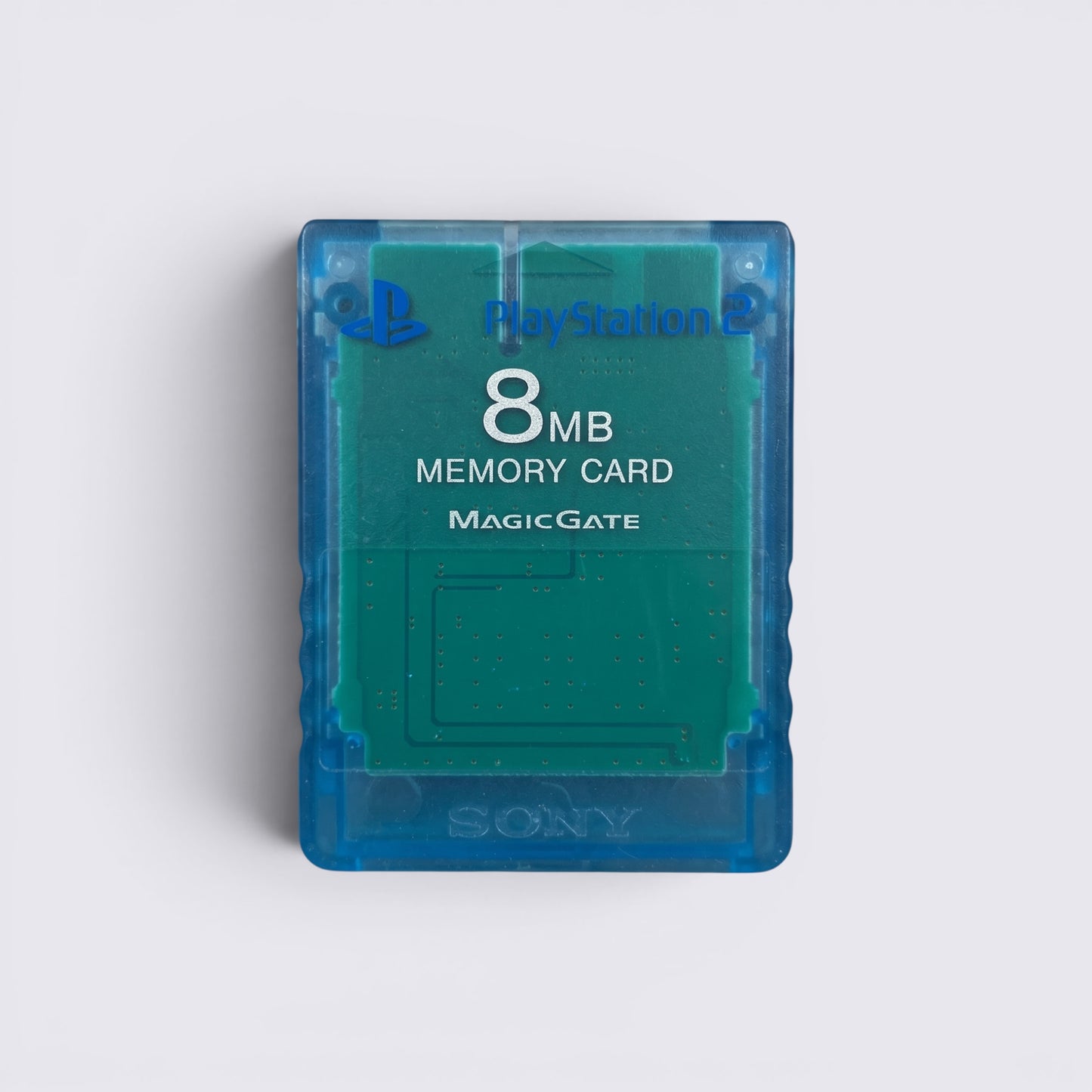 MrPixel Island Blue 8MB PlayStation 2 memory card with MagicGate technology on a grey textured surface.