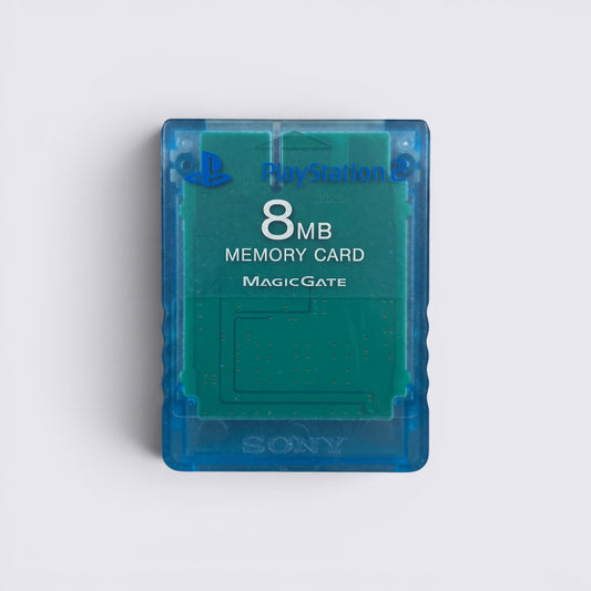 MrPixel Island Blue 8MB PlayStation 2 memory card with MagicGate technology on a grey textured surface.