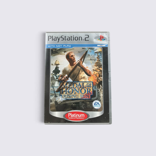 MrPixel Medal of Honor: Rising Sun Platinum edition video game for PlayStation 2 featuring Pacific theatre artwork.